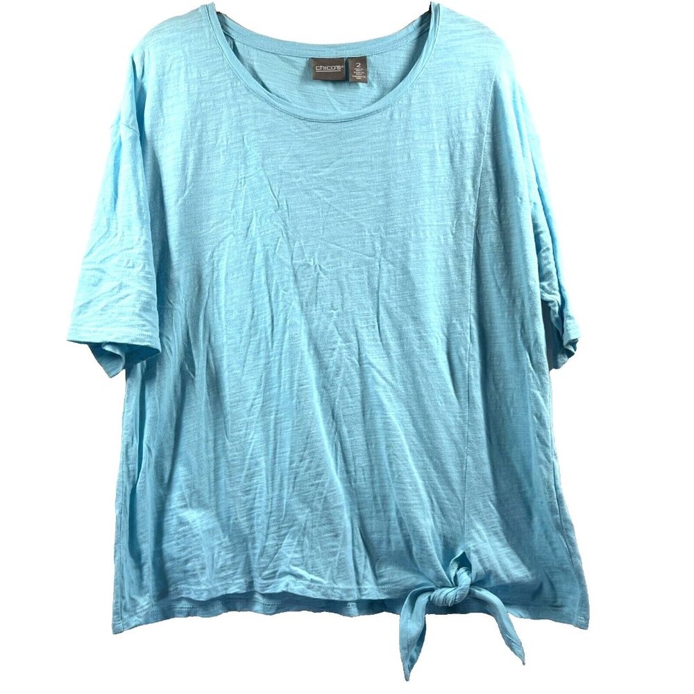 Chicos Women's Top Size‎ Large Solid Blue Slubbed Cotton Short Sleeve Knot Front